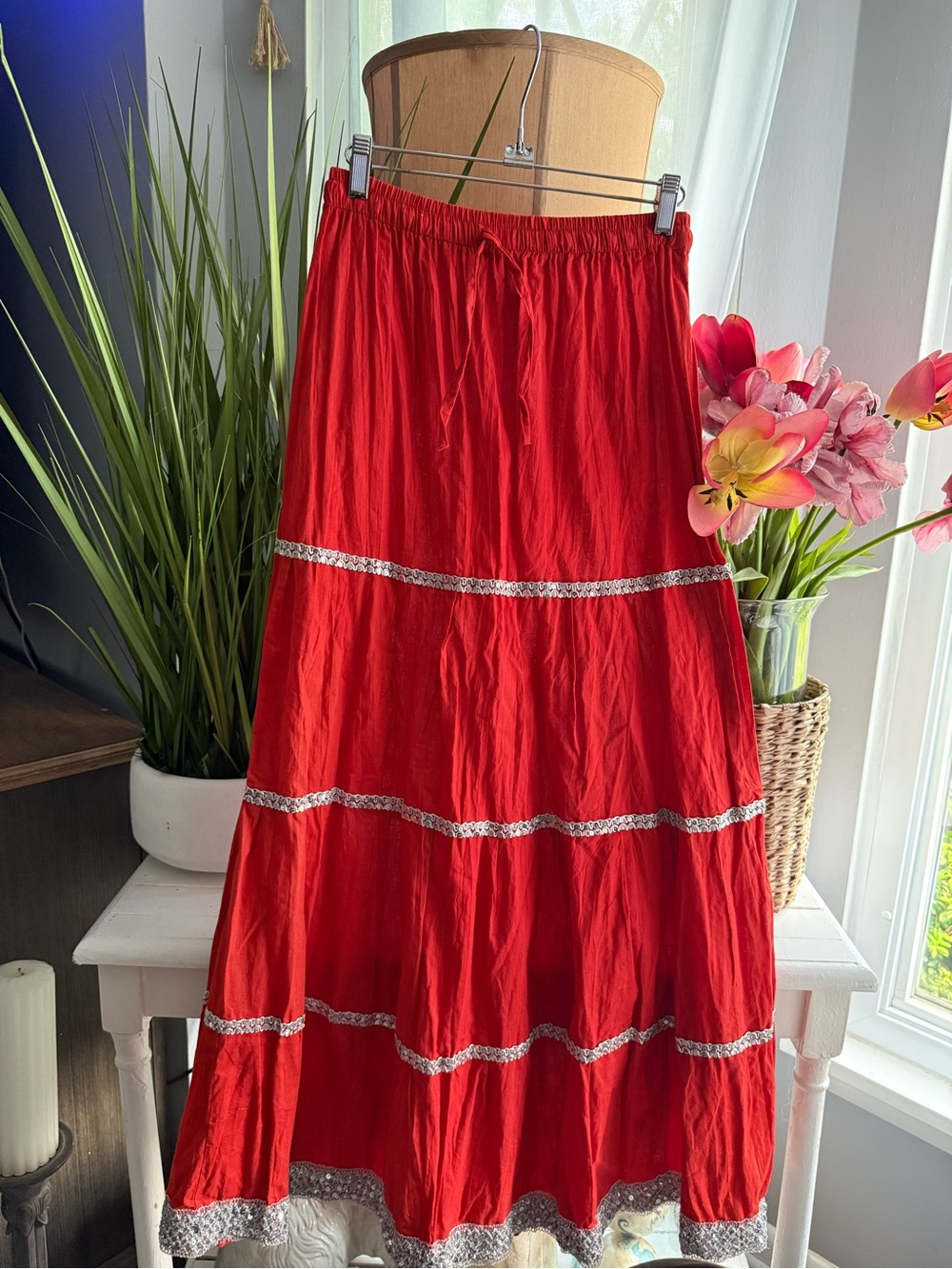Red Tiered Maxi Skirt with Decorative Trim